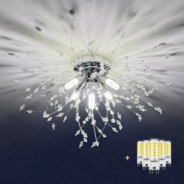 Imagem de JUHOM Lustres de cristal para montagem embutida, luz de teto moderna Sputnik fogos de artifício perto do teto, luminárias de flores de LED para quarto, cozinha, ilha, entrada, corredor, hall de