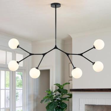 Imagem de Sparklelf Lustre Sputnik de 6 luzes para sala de jantar L119 cm preto moderno luminária pendente com sombra de vidro de leite, candelabros grandes de meados do século para cozinha, ilha, sala de estar