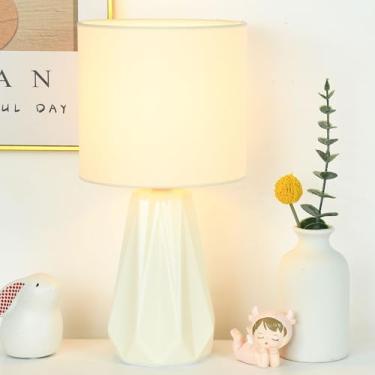 Imagem de Lampwell Elisa Candeeiro de mesa pequeno creme para sala de estar como luminária de mesa de cabeceira para quarto, luminária de mesa noturna infantil de cerâmica moderna, Φ16,1 × A 30,4 cm, lâmpada