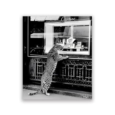 Imagem de Pôster engraçado de leopardo vintage preto e branco arte de parede em tela guepardo imagem 1950 moda leopardo decoração de parede para quarto de meninas caverna sem moldura 30,5 x 40,6 cm