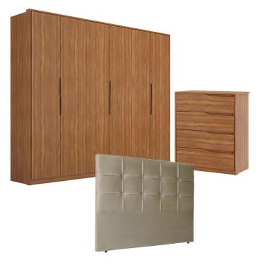 Imagem de Guarda Roupa Atrice 6 Portas e Cômoda Atria Amêndola com Cabeceira Luiza 140 cm Taupe – Demartêz