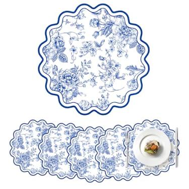 Imagem de Conjunto de 6 jogos americanos de couro sintético floral azul recortado chinoiserie tapetes de mesa à prova d'água de 33 cm, resistente ao calor para mesa de jantar, decoração de festa de chá de noiva