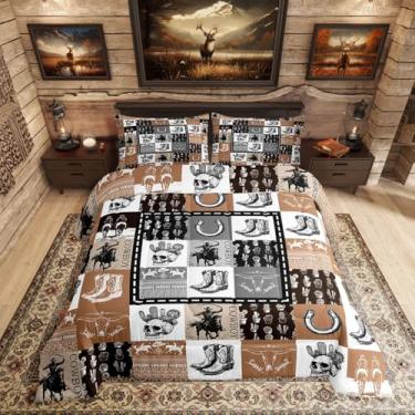 Imagem de Erosebridal Jogo de cama queen de caubói ocidental, cavalo de touro, caveira, para crianças, meninos, homens, boêmio, sudoeste, ferradura, rústico, fazenda, geométrico, patchwork, colcha