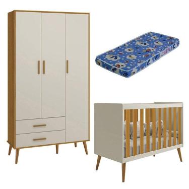 Imagem de Berço Americano e Guarda Roupa Infantil 3 Portas Isis Areia Acetinado Savana com Colchão Ortobom - Reller