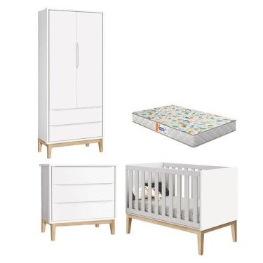 Imagem de Quarto De Bebê 2 Portas E Cômoda Gaveteiro New Classic Branco Com Pés Madeira Natural E Colchão Gazin ? Reller