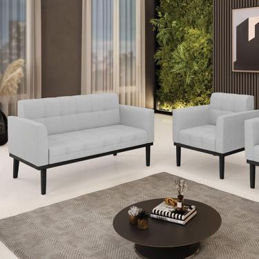 Imagem de Conjunto Poltrona E Namoradeira Decorativa Pés Fixo Em Madeira Preto Linho Cinza