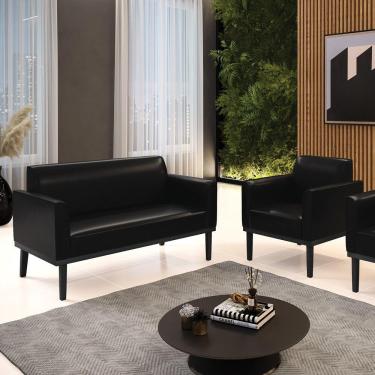 Imagem de Conjunto Poltrona E Namoradeira Decorativa Pés Fixo Em Madeira Pu Preto Brilho