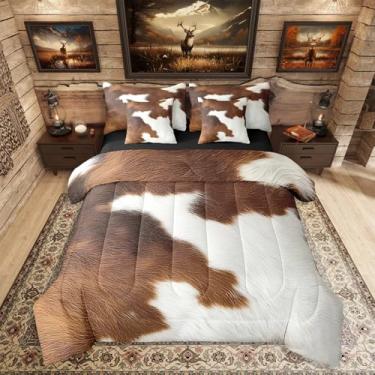 Imagem de Erosebridal Jogo de cama Queen com estampa de vaca fofo, 7 peças, marrom e branco, para crianças, adolescentes, adultos, vida selvagem, conjunto de edredom com lençol de caubói