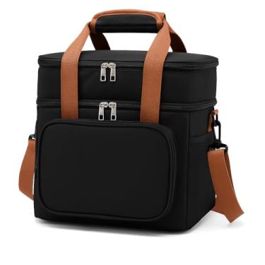 Imagem de Mochila Térmica Preta com Alças Marrons, 2 Compartimentos com Zíper, Design Moderno para Piquenique e Viagem