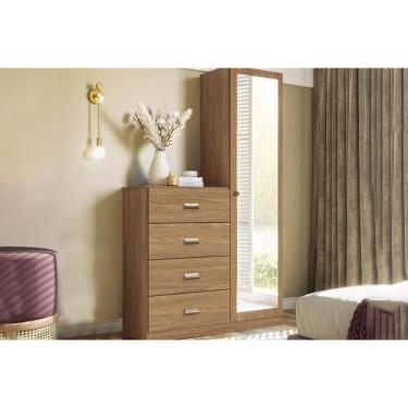 Imagem de Cômoda de Quarto Estilo 4 Gavetas 1 Porta com Espelho MDF Puxador Plástico Marrom
