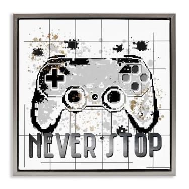 Imagem de Stupell Industries Arte de parede em tela flutuante cinza Never Stop Pixel Gamer, design de Kim Allen, 25 x 25