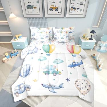 Imagem de Erosebridal Jogo de cama solteiro colorido com balão de ar quente, 7 peças, fofo, avião, avião, edredom com lençol com estampa de estrelas, para meninos, crianças, adultos e meninas, adorável cama de