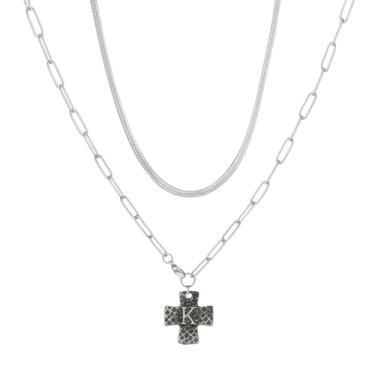 Imagem de MANZHEN Colar de cruz grossa para mulheres, pingente de cruz com inicial em camadas, vintage, clipe de papel, espinha de peixe, gargantilha de cobra, joia de fantasia, 18 Inches, Metal, Sem Pedra