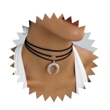 Imagem de TseanYi Gargantilha de veludo em camadas, colar gótico com pingente de lua, colar de fita crescente de prata, multicamadas, meia lua, colar de veludo, joias, joias femininas