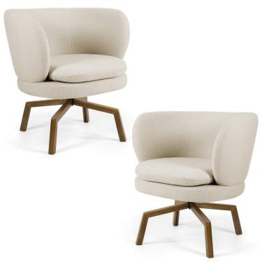 Imagem de Kit 02 Poltronas Decorativas Melissa Base Ka Giratória Castanho C-107 Linho Bege - Domi