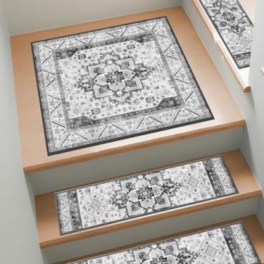 Imagem de Escadas antiderrapantes para degraus de madeira, 1 peça de tapete de escada com adesivo traseiro, 76 cm x 76 cm, lavável e reutilizável, tapetes de segurança para crianças, idosos e cães