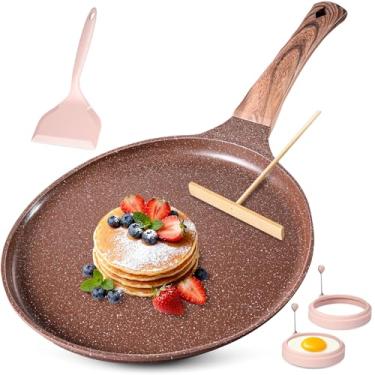 Imagem de AOSION Forma de crepe antiaderente 28 cm, cremosa Dosa Tawa, forma de tortilha para panqueca, bife, crepe, salmão, frigideira plana com alça ergonômica para todos os fogões, marrom