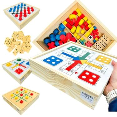 Imagem de Jogos 4 em 1 em Madeira – Damas, Dominó, Jogo da Velha e Ludo | Brinquedo Educativo e Familiar