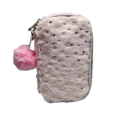 Imagem de Estojo Escolar Pelúcia Rosa Pastel Estrelas Fofo Grande Leve