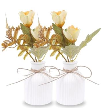 Imagem de Kit 2 Arranjos Com Vasos De Gesso Planta Artificial Decorativa(Rosa Amarela)