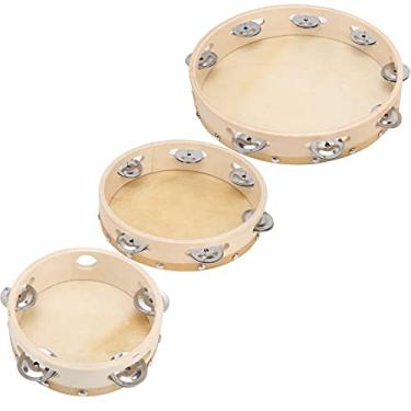 Imagem de RiToEasysports Conjunto de Pandeiro de 3 Peças, Instrumento de Percussão de Mão de Madeira, Bateria de Jingle de Couro de Vaca de Madeira Maciça para Crianças e Adultos, Ideal para Apresentações de