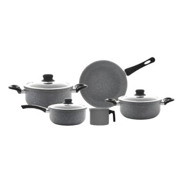 Imagem de Conjunto de panelas de cinco peças com revestimento cerâmico específico para fogões de indução, na cor cinza.