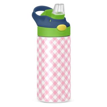 Imagem de JUZIHAI Garrafas de água infantis Pink Gingham Garrafa de aço inoxidável isolada a vácuo de 350 ml com tampa de palha, copo de viagem à prova de vazamento