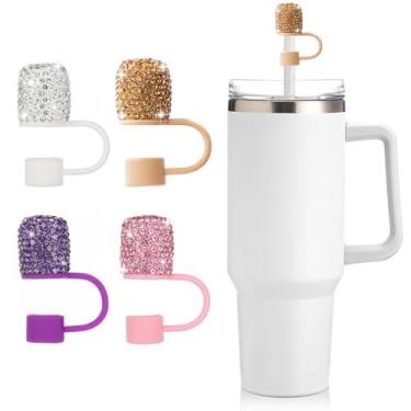 Imagem de Conjunto de capa de canudo de strass brilhante - pacote com 4 tampas de canudos de 10 mm para copos Stanley de 30 e 1,134 g, inclui ouro, roxo, prata e rosa, tampas de canudo de silicone para