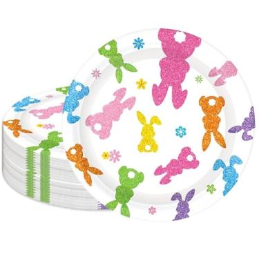 Imagem de Whaline 40 peças de pratos de papel coelhinho da Páscoa, pratos descartáveis, 22 cm, brilhante, colorido, coelho, flor, festa, utensílios de mesa, para primavera, aniversário, chá de bebê