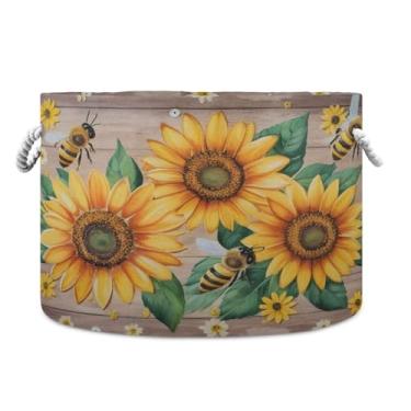 Imagem de JUZIHAI Cesta de armazenamento dobrável de madeira de abelha de girassol cesto de roupa suja para bebês com alças de corda de algodão, caixa organizadora de armário dobrável para quarto, berçário