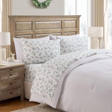 Imagem de Hallmark - Jogo de lençol de 4 peças de algodão escovado macio com fronha combinando (folhagem branca/verde, Queen)