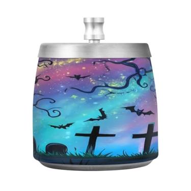 Imagem de Qilmy Cinzeiro de aço inoxidável para noite de Halloween com tampa - Cinzeiro de cigarro à prova de vento sem cheiro sem fumaça para casa, escritório, carro, pátio, varanda (uso interno e externo)
