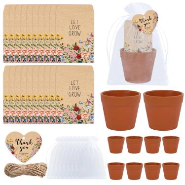 Imagem de JarThenaAMCS 50 conjuntos de flores silvestres Let Love Grow Lembranças de casamento pacotes de sementes florais com vasos de flores, etiquetas de agradecimento, sacos de organza, envelopes kraft