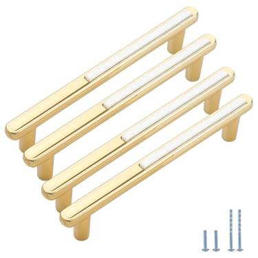 Imagem de Evionlin Pacote com 6 puxadores e puxadores de armário com esquema de cores douradas e brancas de 12,8 cm para cômoda de cozinha