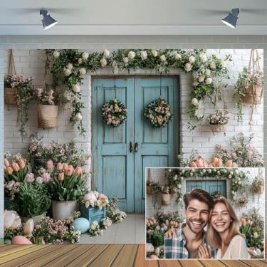 Imagem de 2,1 x 1,5 m Primavera Páscoa Pano de fundo floral rústico azul branco parede de madeira colorido ovos coelho fotografia fundo para aniversário crianças chá de bebê decoração de festa retrato banner