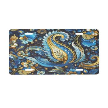 Imagem de Placa de licença étnica Paisley azul para frente do carro placas de carro alumínio metal adequado para caminhão, placa de porta de carro, bar, café, acessórios automotivos para homens e mulheres 15 x