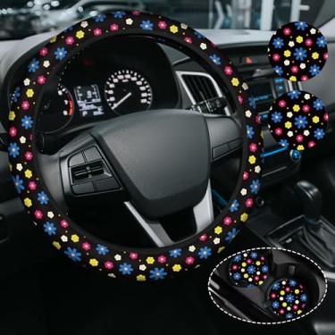 Imagem de Capa de volante floral colorida com flores fofas para mulheres e homens, antiderrapante de neoprene de alta elasticidade, acessórios de carro, capas de volante, universal de 38 cm para carros, SUVS