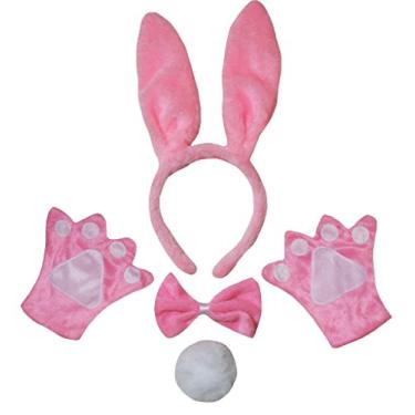 Imagem de Petitebella Luvas de cauda com laço e orelha de coelho, 4 peças, fantasia 1-10 anos (rosa, tamanho único)