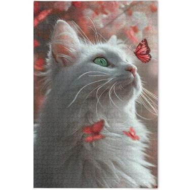 Imagem de Quebra-cabeça de gato branco elegante gatinho personalizado 1000 peças jogo adulto engraçado divertido família quebra-cabeça paisagem floral, 75 x 50 cm