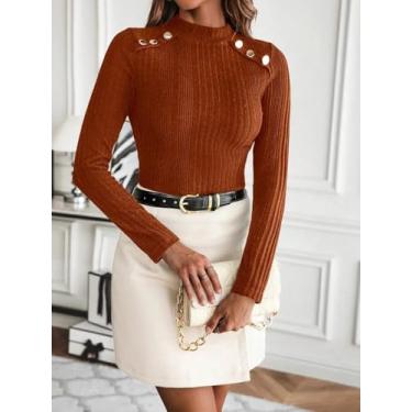 Imagem de Blusa feminina elástica com nervuras enferrujadas - blusa de manga comprida com botões e ombros, Ferrugem, Large