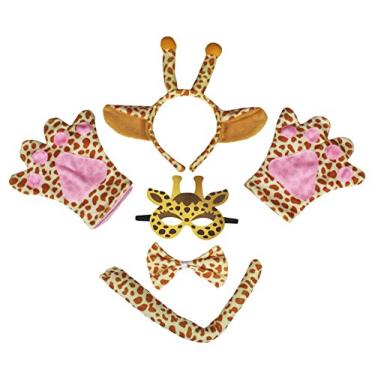 Imagem de Petitebella Máscara de girafa para cabeça com laço, luvas de cauda, 5 peças fantasia para crianças (tamanho único)