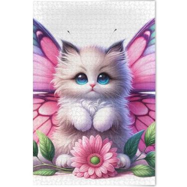 Imagem de Quebra-cabeça floral de gatinho floral de gato fofo personalizado 500 peças presentes de jogo de quebra-cabeça engraçados para adultos quebra-cabeças difíceis paisagem arte animal, 52 cm x 37,8 cm
