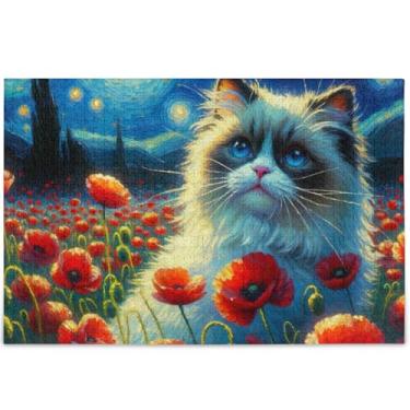 Imagem de Ragdoll Gato Papoula Estrelada Quebra-cabeça Floral 1000 Puzzles para Adultos Amantes Elefantes Brancos Presentes Divertido Mordaça Presente Quebra-cabeça Flor Pintura Animal, 75 cm x 50 cm