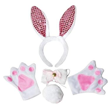 Imagem de Petitebella Tiara de coelho com orelhas de borboleta, luvas de cauda, 4 peças, fantasia 1-10 anos (branco/rosa lantejoulas, 5-10 anos)