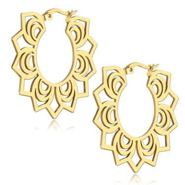 Imagem de Brincos de argola femininos boêmios mandala, de aço inoxidável 316L, vintage, boêmio, intrincado, floral, coração, ONESIZE, Aço inoxidável, Sem pedra preciosa