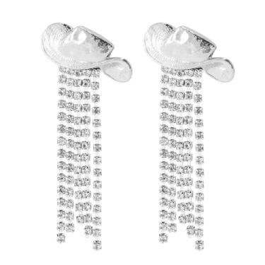 Imagem de 2 brincos de chapéu de vaqueira ocidental, liga de prata elegante, chapéu de vaqueira ocidental, brincos pendentes de strass e borla, pequenos acessórios para mulheres, amigas, esposas, presente