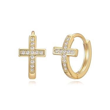 Imagem de MEVECCO Brincos de argola cruzada, banhado a ouro 14K, delicados, minimalistas, simples, cruz, brincos de abraços, símbolo de proteção, joia de fé, presente, Sem pedra preciosa