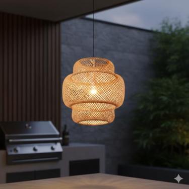 Imagem de Luminária de Teto Lustre Pendente Bambu Fee Utilidades Cayman Mini Rústico 35cm Vime Rattan Trançado