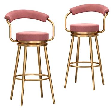 Imagem de Bancos de bar giratórios modernos conjunto de 2 banquetas de veludo com altura de balcão com encosto e braços cadeiras de bar com base de metal para ilha de cozinha/bar doméstico/sala de jantar, rosa