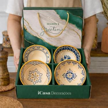 Imagem de Kit 4 Bowl Tigela Cumbuca Pote Frutas Sobremesa Sorvete Caldos Sopa Sushi Cerâmica Porcelana Chinesa Premium Decorada Colorida 280ml